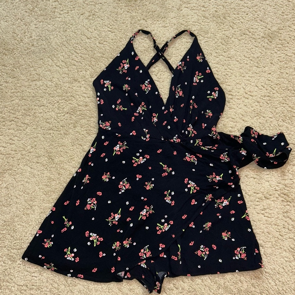 Free People Black Floral Wrap Romper with Pink Flower Print